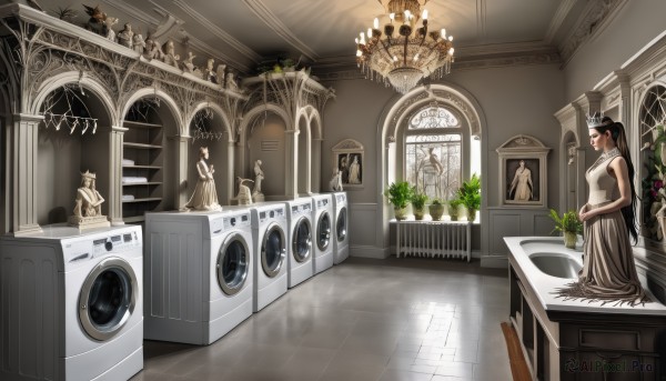 1girl,solo,long hair,multiple girls,brown hair,black hair,hat,dress,bare shoulders,jewelry,very long hair,standing,ponytail,flower,sleeveless,indoors,white dress,window,sleeveless dress,own hands together,plant,scenery,stairs,clock,tiles,potted plant,architecture,tile floor,wide shot,pillar,statue,speaker,ceiling,piano,church,chandelier,breasts,closed eyes,from side,profile,sunlight,reflection,vase,flower pot,arch