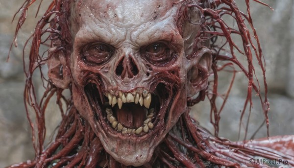 solo,looking at viewer,open mouth,1boy,male focus,teeth,blurry,no humans,blurry background,fangs,sharp teeth,portrait,1other,monster,realistic,horror (theme),eldritch abomination,tongue,blood,tentacles,close-up,veins,skull,extra eyes,guro