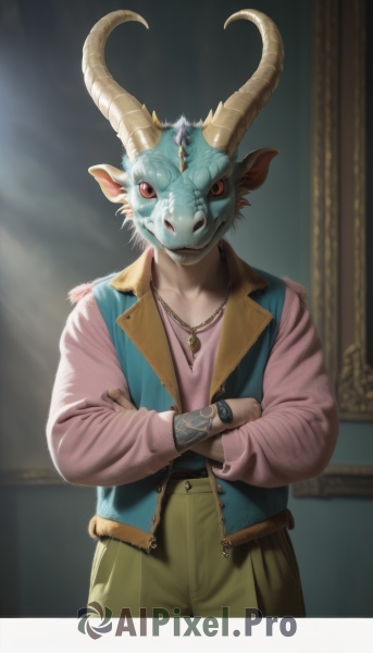 solo,looking at viewer,shirt,red eyes,long sleeves,1boy,animal ears,jewelry,standing,jacket,male focus,cowboy shot,open clothes,horns,belt,pants,necklace,blurry,vest,bracelet,tattoo,mask,blurry background,crossed arms,blue jacket,furry,pink shirt,watch,wristwatch,furry male,curled horns,green pants,whiskers,yellow pants,teeth,no humans,colored skin,green skin