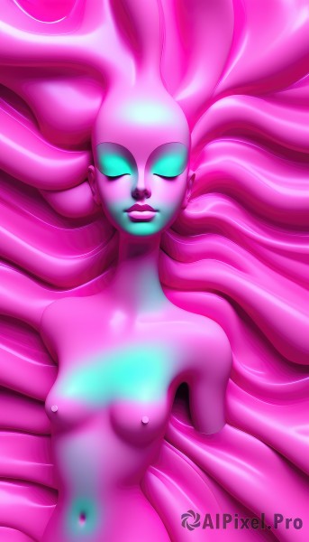 1girl,solo,long hair,breasts,navel,medium breasts,very long hair,nipples,closed eyes,upper body,pink hair,nude,small breasts,lips,makeup,glowing,colored skin,lipstick,monster girl,no pupils,pink theme,pink skin,lying,on back,glowing eyes,alien