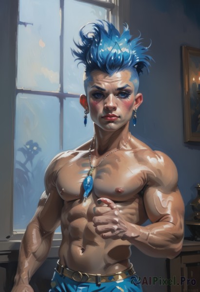 solo,looking at viewer,blush,short hair,blue eyes,1boy,navel,jewelry,closed mouth,nipples,blue hair,male focus,cowboy shot,earrings,shiny,belt,pants,artist name,indoors,necklace,lips,shiny skin,window,muscular,piercing,abs,pectorals,muscular male,gem,bara,pendant,veins,topless male,nose,blue pants,stud earrings,candle,undercut,humanization,mohawk,scar,spiked hair,realistic,facepaint,biceps