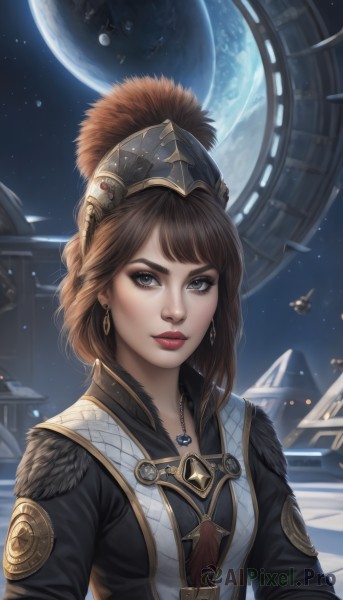 1girl,solo,breasts,looking at viewer,short hair,bangs,blue eyes,brown hair,hat,jewelry,closed mouth,upper body,earrings,sky,artist name,necklace,lips,grey eyes,fur trim,makeup,moon,lipstick,star (sky),starry sky,realistic,nose,red lips,space,planet,earth (planet),spacecraft,signature,eyelashes,night,feathers,architecture