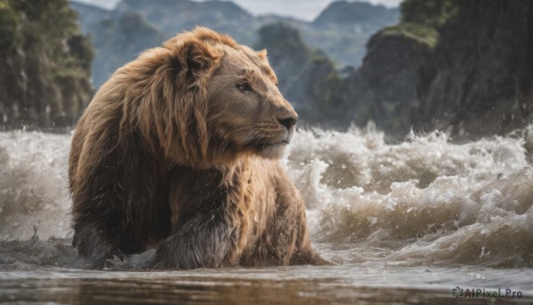 solo,closed mouth,outdoors,day,water,blurry,no humans,depth of field,blurry background,animal,mountain,realistic,animal focus,splashing,lion,sky,cloud,signature,tree,ocean,waves