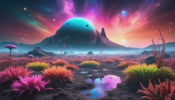 A idyllic landscape within a lush sunset outdoors