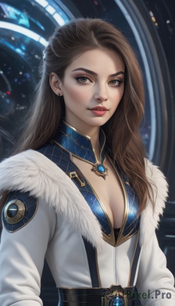 1girl,solo,long hair,breasts,looking at viewer,brown hair,long sleeves,cleavage,brown eyes,jewelry,medium breasts,closed mouth,upper body,earrings,small breasts,belt,necklace,lips,coat,fur trim,makeup,lipstick,brooch,gem,eyeshadow,freckles,realistic,nose,white coat,red lips,eyeliner,parted lips,eyelashes,detached collar,forehead,thick lips