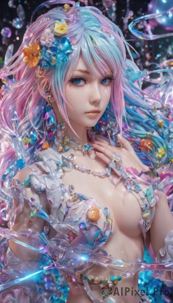 1girl,solo,long hair,breasts,looking at viewer,bangs,blue eyes,hair ornament,navel,cleavage,jewelry,medium breasts,closed mouth,blue hair,upper body,pink hair,flower,multicolored hair,earrings,hair flower,water,necklace,two-tone hair,lips,eyelashes,gradient hair,ring,hand on own chest,gem,bubble,crystal,water drop,realistic,nose,air bubble,nail polish,bracelet,watermark,revealing clothes