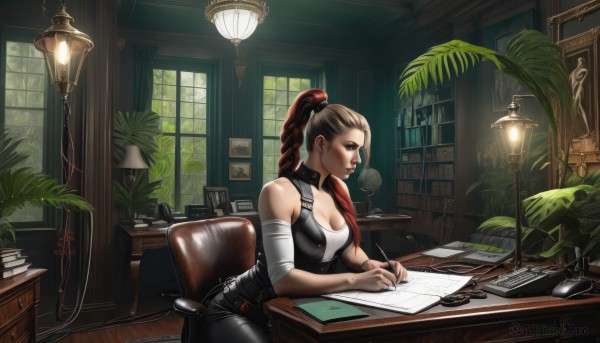 1girl,solo,long hair,breasts,large breasts,brown hair,holding,cleavage,bare shoulders,brown eyes,medium breasts,sitting,ponytail,braid,red hair,belt,pants,indoors,collar,lips,book,window,chair,bandages,phone,high ponytail,plant,desk,paper,bandaged arm,realistic,nose,bookshelf,pen,potted plant,lamp,writing,desk lamp,corded phone,note,artist name,signature,tank top,pencil,drawing,inkwell