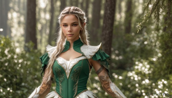 1girl,solo,long hair,breasts,looking at viewer,blonde hair,brown hair,gloves,dress,cleavage,medium breasts,green eyes,upper body,braid,outdoors,pointy ears,armor,blurry,tree,lips,depth of field,blurry background,elf,shoulder armor,nature,forest,green dress,pauldrons,realistic,nose,blue eyes,mole,tattoo