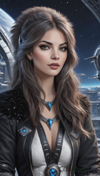 1girl,solo,long hair,breasts,looking at viewer,brown hair,cleavage,brown eyes,jewelry,medium breasts,jacket,upper body,earrings,parted lips,open clothes,sky,necklace,mole,open jacket,lips,black jacket,fur trim,mole under eye,star (sky),pendant,starry sky,freckles,realistic,nose,space,planet,earth (planet),artist name,makeup,forehead