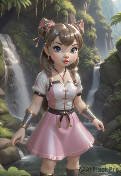 1girl,solo,long hair,breasts,looking at viewer,bangs,blue eyes,skirt,brown hair,hair ornament,dress,ribbon,animal ears,jewelry,standing,collarbone,hair ribbon,braid,flower,short sleeves,earrings,small breasts,boots,outdoors,parted lips,day,puffy sleeves,shiny,artist name,water,necklace,hair bun,shiny hair,twin braids,bracelet,tree,puffy short sleeves,lips,eyelashes,double bun,makeup,feet out of frame,leaf,sunlight,knee boots,grass,plant,lipstick,pink dress,nature,hair over shoulder,wading,pink skirt,light rays,rock,nose,red lips,bracer,sunbeam,waterfall,pond,blush,smile,heart,sash,child,heart earrings,river,heart necklace,lily pad