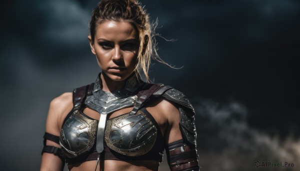 1girl,solo,breasts,looking at viewer,short hair,blonde hair,brown hair,medium breasts,upper body,dark skin,armor,blurry,black eyes,lips,blurry background,shoulder armor,pauldrons,breastplate,realistic,bikini armor,dirty,dark-skinned female,scar