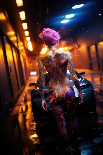 1girl,solo,short hair,standing,pink hair,ass,nude,outdoors,from behind,blurry,tattoo,night,depth of field,back,ground vehicle,motor vehicle,arms at sides,facing away,car,light,road,arm tattoo,lamppost,street,lights,back tattoo,full-body tattoo,jewelry,earrings,fingernails,blurry background,reflection,walking,rain,very short hair,neon lights