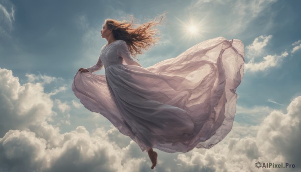 1girl, solo, long hair, brown hair, dress, sky, barefoot, day, cloud, white dress, sunlight, skirt hold, sun