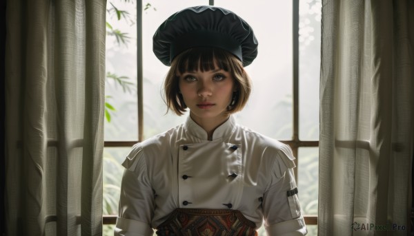 1girl,solo,looking at viewer,short hair,bangs,brown hair,black hair,hat,brown eyes,closed mouth,upper body,indoors,blunt bangs,black eyes,lips,window,black headwear,buttons,bob cut,curtains,corset,backlighting,realistic,nose,red lips,chef,sash,makeup,bonnet