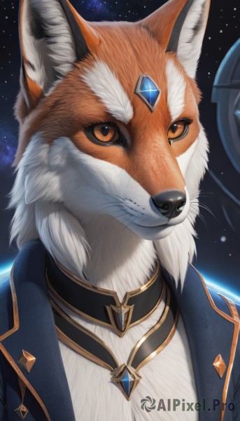 solo,looking at viewer,shirt,1boy,brown eyes,jewelry,closed mouth,jacket,white shirt,upper body,male focus,artist name,signature,collar,orange eyes,no humans,animal,blue jacket,brooch,gem,portrait,star (sky),furry,starry sky,space,animal focus,white fur,planet,fox,whiskers,earth (planet),blue gemstone,red gemstone,clothed animal,orange fur,sky,necklace,pendant,realistic,galaxy