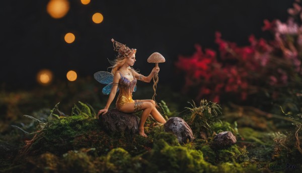 1girl,solo,long hair,breasts,blonde hair,large breasts,brown hair,hair ornament,holding,cleavage,bare shoulders,jewelry,medium breasts,sitting,flower,outdoors,wings,barefoot,pointy ears,blurry,tree,lips,bare legs,night,depth of field,blurry background,looking away,grass,bug,plant,butterfly,nature,hand fan,armlet,rock,fairy wings,fairy,holding fan,soaking feet,paper fan,butterfly wings,fireflies,sitting on rock,hat,dress,collarbone,small breasts,hair flower,water,necklace,bracelet,from side,strapless,profile,arm support,leaf,short dress,looking up,scenery,armband,forest,arm at side,realistic,anklet,branch,mushroom,wide shot,moss