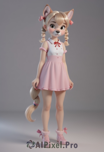 1girl,solo,long hair,looking at viewer,blush,smile,bangs,skirt,blonde hair,simple background,shirt,dress,bow,ribbon,animal ears,bare shoulders,twintails,brown eyes,standing,tail,full body,hair ribbon,white shirt,braid,hair bow,shoes,sleeveless,socks,virtual youtuber,grey background,black eyes,twin braids,red ribbon,animal ear fluff,sleeveless shirt,neck ribbon,white socks,child,pink dress,extra ears,furry,pink skirt,furry female,arms at sides,pink footwear,female child,breasts,brown hair,very long hair,nude,loli