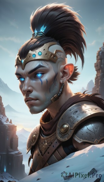 1girl,solo,looking at viewer,short hair,blue eyes,brown hair,black hair,1boy,jewelry,upper body,ponytail,male focus,earrings,outdoors,parted lips,sky,teeth,day,dark skin,armor,blue sky,lips,glowing,scar,facial mark,high ponytail,shoulder armor,portrait,glowing eyes,scar on face,snow,pauldrons,breastplate,mountain,nose,scar across eye,topknot,forehead protector,long hair,cloud,official alternate costume,tattoo,cloudy sky,facepaint,blue sclera