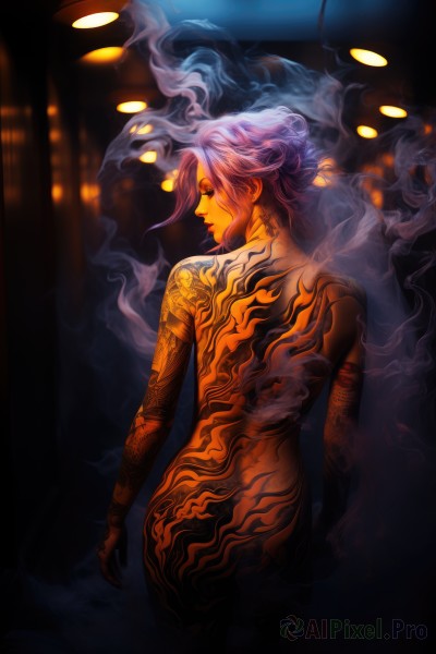 1girl,solo,looking at viewer,short hair,1boy,standing,purple hair,ass,nude,cowboy shot,looking back,from behind,blurry,lips,tattoo,profile,night,back,smoke,back tattoo,full-body tattoo,long hair,closed mouth,yellow eyes,pink hair,indoors,glowing,glowing eyes,monster