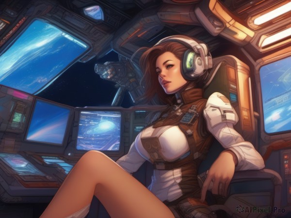 1girl,solo,long hair,breasts,large breasts,brown hair,brown eyes,medium breasts,sitting,parted lips,lips,bodysuit,headphones,robot,headset,science fiction,realistic,nose,space,monitor,planet,earth (planet),spacecraft,spacesuit,cockpit,holographic interface,pilot,hologram,looking at viewer,short hair,uniform,military,bare legs,military uniform,pilot suit