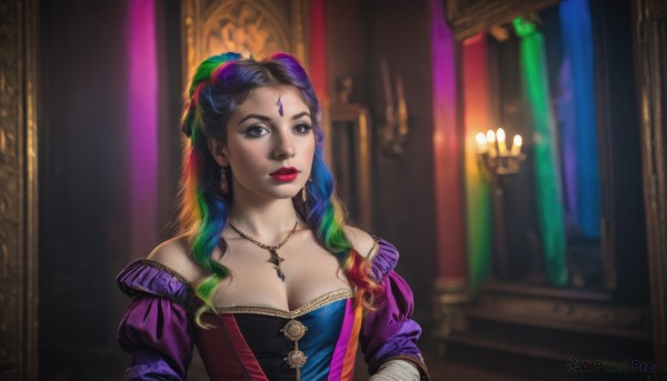 1girl,solo,long hair,breasts,looking at viewer,large breasts,black hair,dress,cleavage,bare shoulders,brown eyes,jewelry,medium breasts,blue hair,collarbone,upper body,purple hair,multicolored hair,earrings,parted lips,green hair,puffy sleeves,indoors,necklace,off shoulder,blurry,black eyes,two-tone hair,puffy short sleeves,lips,streaked hair,gradient hair,makeup,blurry background,bandages,lipstick,gem,purple dress,red lips,candle,hair bun,facial mark,eyeshadow,realistic,rainbow hair