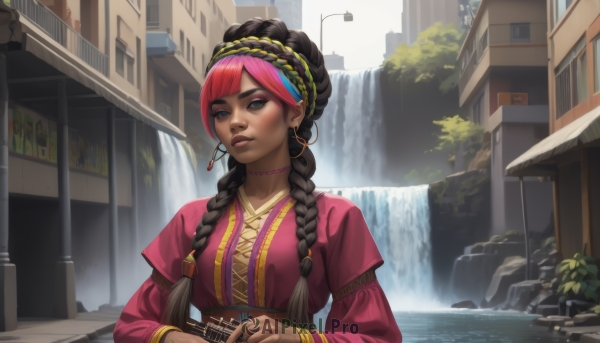 1girl,solo,long hair,breasts,looking at viewer,bangs,black hair,hair ornament,long sleeves,jewelry,medium breasts,closed mouth,upper body,pink hair,braid,red hair,multicolored hair,hairband,earrings,outdoors,choker,day,dark skin,water,twin braids,bracelet,two-tone hair,dark-skinned female,tree,lips,streaked hair,eyelashes,makeup,thick eyebrows,building,instrument,eyeshadow,hoop earrings,city,nose,eyeliner,layered sleeves,neck ring,short over long sleeves,lamppost,waterfall,mascara,multiple braids,blue eyes,holding,parted lips,artist name,sash,piercing,scenery,hair over shoulder,sign,street,pink choker,real world location,gold choker