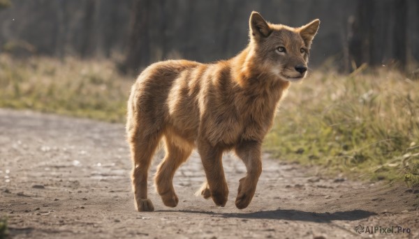 solo,full body,outdoors,day,signature,blurry,black eyes,no humans,depth of field,blurry background,animal,grass,nature,dog,realistic,animal focus,brown eyes,closed mouth,shadow