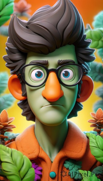 solo,looking at viewer,blue eyes,brown hair,black hair,1boy,closed mouth,upper body,flower,male focus,glasses,colored skin,frown,leaf,spiked hair,portrait,orange background,green skin,artist name,blurry,v-shaped eyebrows,depth of field,blurry background,watermark,serious