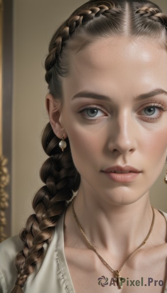 1girl,solo,long hair,looking at viewer,blue eyes,brown hair,shirt,jewelry,collarbone,white shirt,braid,earrings,parted lips,necklace,blurry,lips,grey eyes,eyelashes,single braid,cross,portrait,freckles,realistic,nose,closed mouth,expressionless,hair over shoulder,forehead,cross necklace,multiple braids