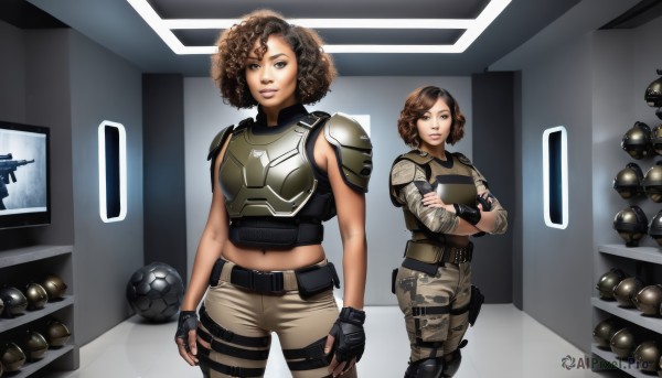 looking at viewer,smile,short hair,multiple girls,brown hair,gloves,navel,2girls,brown eyes,weapon,black gloves,midriff,belt,pants,dark skin,fingerless gloves,armor,uniform,vest,dark-skinned female,lips,gun,military,military uniform,crossed arms,shoulder armor,rifle,ball,curly hair,pauldrons,pouch,breastplate,realistic,assault rifle,holster,knee pads,shoulder pads,explosive,elbow pads,grenade,afro,load bearing vest,bulletproof vest,body armor,1girl,solo,standing,indoors,bag,crop top,thigh strap,multiple views,nose,camouflage