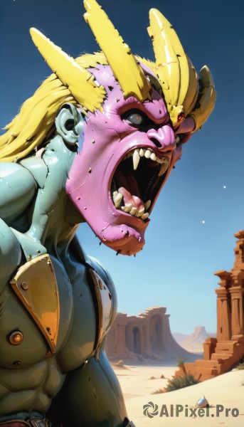 solo,open mouth,blonde hair,red eyes,1boy,upper body,male focus,sweat,outdoors,horns,sky,teeth,day,tongue,belt,artist name,signature,muscular,colored skin,fangs,abs,colored sclera,topless male,rock,blue skin,giant,purple skin,pillar,pink skin,desert,long hair,armor,blue sky,sharp teeth,veins,monster,sand