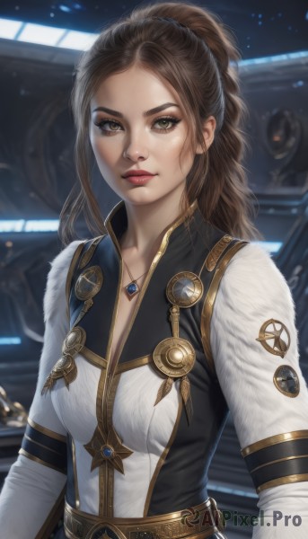 1girl,solo,long hair,breasts,looking at viewer,smile,brown hair,long sleeves,brown eyes,jewelry,medium breasts,upper body,ponytail,belt,necklace,blurry,lips,fur trim,makeup,blurry background,robot,mecha,pendant,freckles,science fiction,realistic,nose,red lips,cleavage,closed mouth,artist name,signature,lipstick,forehead,emblem