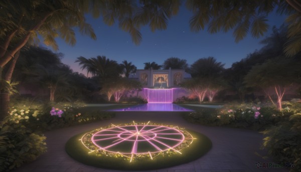 flower,outdoors,sky,water,tree,no humans,night,glowing,grass,plant,building,star (sky),nature,night sky,scenery,starry sky,palm tree,bush,magic circle,fountain,forest,fantasy,path