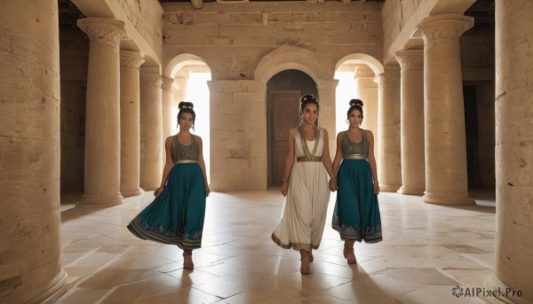 looking at viewer,short hair,multiple girls,black hair,dress,bare shoulders,jewelry,standing,barefoot,sleeveless,dark skin,3girls,hair bun,dark-skinned female,blue dress,holding hands,sunlight,single hair bun,backlighting,reflection,walking,long skirt,pillar,arch,column,breasts,skirt,brown hair,2girls,cleavage,medium breasts,bracelet,siblings,sisters,anklet,mother and daughter,egyptian