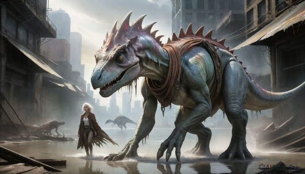 HQ,1girl,short hair,open mouth,shirt,standing,jacket,tail,yellow eyes,white shirt,white hair,outdoors,sky,teeth,day,pants,cloud,hood,cape,coat,torn clothes,animal,cloudy sky,sharp teeth,building,cloak,claws,reflection,monster,city,fantasy,dragon,scales,giant,ruins,skyscraper,dinosaur,post-apocalypse,1boy,chain,scenery