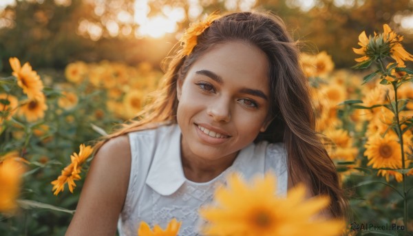 1girl,solo,long hair,looking at viewer,smile,brown hair,shirt,hair ornament,brown eyes,white shirt,upper body,flower,outdoors,teeth,sleeveless,day,collared shirt,hair flower,dark skin,grin,blurry,dark-skinned female,lips,head tilt,sleeveless shirt,depth of field,blurry background,child,forehead,realistic,yellow flower,sunflower,female child,field,flower field,sunlight,thick eyebrows,blurry foreground,bokeh