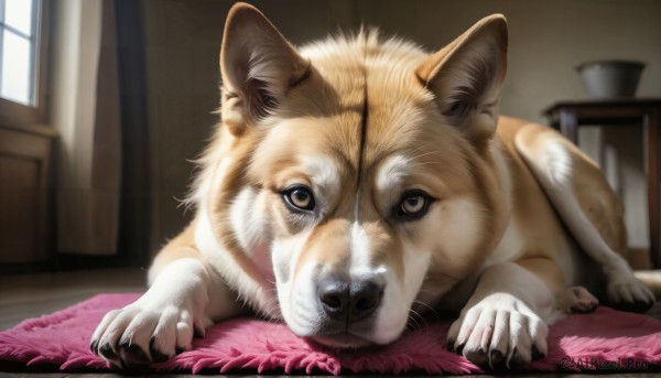 HQ,looking at viewer,brown eyes,lying,day,indoors,blurry,no humans,window,depth of field,blurry background,animal,table,cat,on stomach,curtains,claws,dog,wooden floor,realistic,animal focus,carpet,rug,sunlight,shiba inu