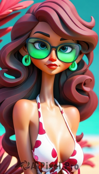 1girl,solo,long hair,breasts,looking at viewer,smile,blue eyes,brown hair,cleavage,bare shoulders,jewelry,medium breasts,collarbone,swimsuit,upper body,bikini,earrings,outdoors,glasses,day,blurry,lips,makeup,blurry background,wavy hair,white bikini,beach,floral print,sunglasses,lipstick,tan,front-tie top,tanlines,curly hair,front-tie bikini top,round eyewear,red lips,tinted eyewear,eyelashes,polka dot,nose,polka dot bikini