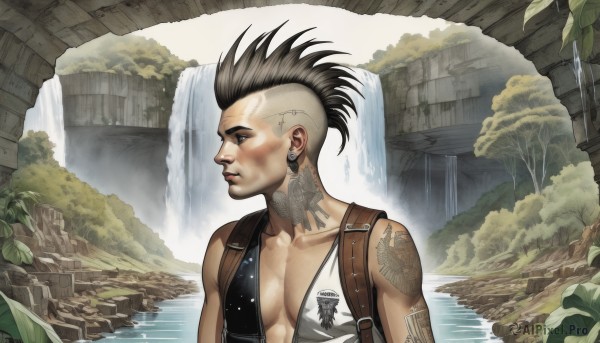 solo,black hair,1boy,brown eyes,jewelry,collarbone,upper body,male focus,earrings,water,black eyes,vest,tree,tattoo,profile,facial hair,leaf,scar,plant,nature,ruins,waterfall,mohawk,bag,lips,muscular,piercing,backpack,ear piercing,realistic,undercut