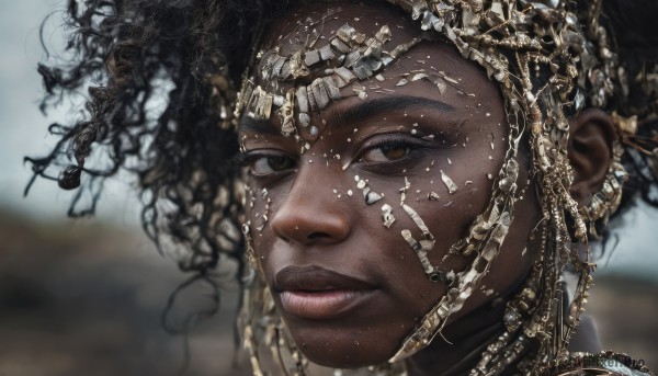 1girl,solo,looking at viewer,black hair,hair ornament,brown eyes,jewelry,parted lips,teeth,dark skin,blurry,dark-skinned female,lips,blurry background,portrait,freckles,curly hair,realistic,nose,very dark skin,dreadlocks,1boy,closed mouth,earrings,artist name,chain,piercing,close-up,gold,gold chain,head chain