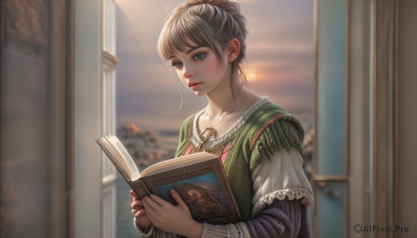 1girl,solo,looking at viewer,short hair,bangs,blue eyes,long sleeves,holding,jewelry,closed mouth,collarbone,upper body,grey hair,indoors,necklace,hair bun,blurry,lips,book,window,depth of field,blurry background,sunlight,single hair bun,holding book,open book,realistic,reading,blonde hair,dress,parted lips,pillar