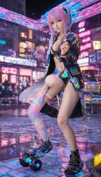 1girl,solo,long hair,breasts,looking at viewer,smile,bangs,thighhighs,long sleeves,navel,holding,cleavage,brown eyes,jewelry,medium breasts,underwear,blue hair,standing,jacket,swimsuit,full body,ponytail,pink hair,bikini,multicolored hair,earrings,outdoors,parted lips,open clothes,shoes,necklace,nail polish,black footwear,bra,blurry,two-tone hair,open jacket,lips,coat,black jacket,tattoo,night,black bikini,piercing,single thighhigh,sneakers,reflection,science fiction,open coat,city,skates,cyberpunk,roller skates,neon lights,purple hair,small breasts,shorts,pink eyes,short shorts,building,bikini top only