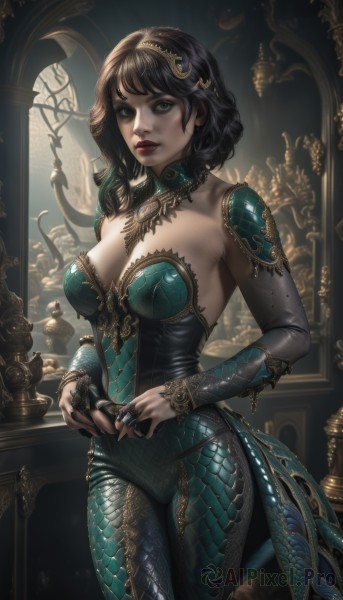 1girl,solo,long hair,breasts,looking at viewer,short hair,bangs,large breasts,brown hair,black hair,hair ornament,long sleeves,dress,cleavage,brown eyes,jewelry,medium breasts,standing,tail,cowboy shot,parted lips,detached sleeves,artist name,indoors,medium hair,nail polish,armor,mole,black eyes,lips,fingernails,strapless,bodysuit,makeup,detached collar,watermark,ring,lipstick,gem,bridal gauntlets,web address,green dress,gold trim,realistic,nose,red lips,scales,bare shoulders,hairband,teeth,necklace,collar,window,lace trim,lace,curly hair,candle