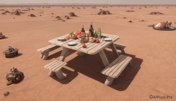 outdoors,food,cup,no humans,fruit,chair,table,helmet,bottle,scenery,plate,alcohol,drinking glass,sand,apple,wine glass,wine,meat,wine bottle,food focus,desert,barrel,wooden table,log,tent,bag,shadow,rock,bread,lemon,still life