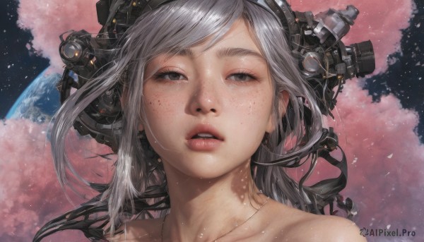 1girl,solo,long hair,looking at viewer,collarbone,grey hair,parted lips,teeth,black eyes,lips,grey eyes,headgear,cherry blossoms,portrait,star (sky),freckles,science fiction,realistic,space,planet,earth (planet),bangs,bare shoulders,jewelry,sky,shiny,necklace,petals,eyelashes,headphones,moon