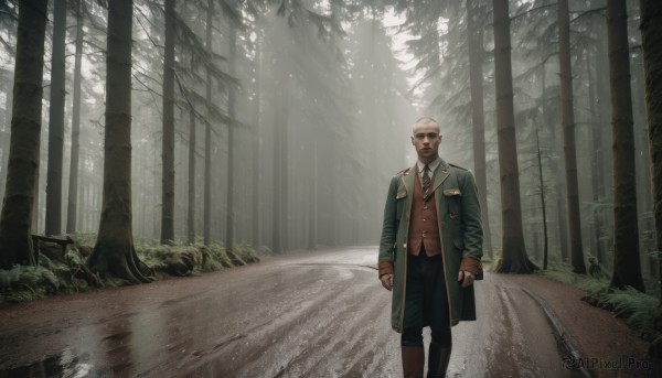 solo,looking at viewer,shirt,long sleeves,1boy,closed mouth,standing,jacket,white shirt,male focus,outdoors,open clothes,necktie,collared shirt,pants,dark skin,uniform,vest,tree,coat,military,military uniform,facial hair,black pants,sunglasses,dark-skinned male,grass,nature,scenery,clenched hands,forest,reflection,walking,green jacket,realistic,road,bald,brown vest,bamboo forest,short hair,jewelry,white hair,red necktie,open coat,arms at sides,red vest,brown pants,green vest,brown coat,green pants,green coat