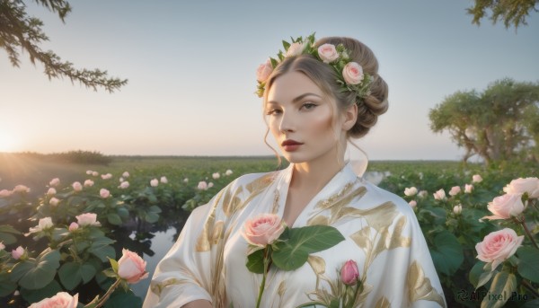 1girl,solo,looking at viewer,brown hair,hair ornament,dress,holding,brown eyes,upper body,flower,outdoors,sky,day,hair flower,hair bun,tree,lips,rose,leaf,chinese clothes,sunlight,plant,nature,scenery,pink flower,mountain,realistic,holding flower,pink rose,lake,blue eyes,japanese clothes,kimono,blue sky,makeup,floral print,white flower,lipstick,red lips,field,sunrise