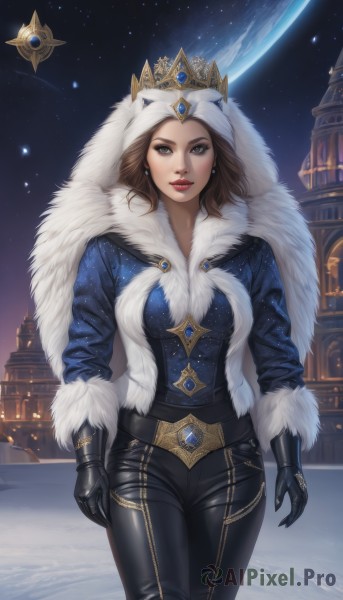 1girl,solo,breasts,looking at viewer,brown hair,gloves,brown eyes,jewelry,medium breasts,standing,earrings,outdoors,parted lips,sky,black gloves,pants,hood,lips,fur trim,makeup,night,black pants,crown,blue shirt,lipstick,gem,star (sky),eyeshadow,starry sky,nose,red lips,space,leather,planet,fur hat,earth (planet),parka,leather pants,short hair,cowboy shot,belt,bodysuit,arms at sides,castle