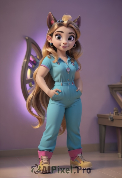 1girl,solo,long hair,looking at viewer,smile,blonde hair,brown hair,shirt,animal ears,brown eyes,jewelry,very long hair,standing,tail,full body,short sleeves,earrings,shoes,teeth,artist name,indoors,cat ears,black eyes,fake animal ears,table,blue shirt,child,extra ears,hands on hips,hoop earrings,hands in pockets,female child,overalls,breasts,closed mouth,multicolored hair,hairband,small breasts,mole,two-tone hair,lips,makeup,buttons,thick eyebrows,sneakers,eyeshadow,nose