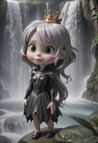 1girl,solo,long hair,breasts,bangs,long sleeves,dress,jewelry,very long hair,closed mouth,standing,full body,grey hair,pantyhose,earrings,small breasts,outdoors,shoes,artist name,water,necklace,chibi,black footwear,black eyes,black dress,lips,grey eyes,torn clothes,covered navel,makeup,crown,nature,mini crown,waterfall,smile,white hair,watermark,web address